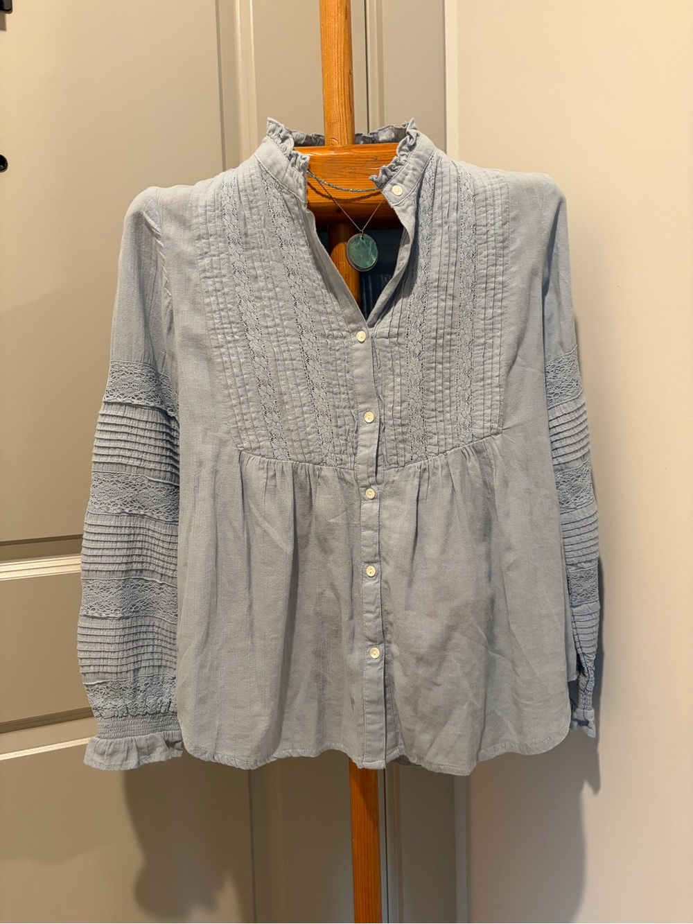 Sundance Cotton Light Blue Pintuck & Lace Peasant Blouse Small